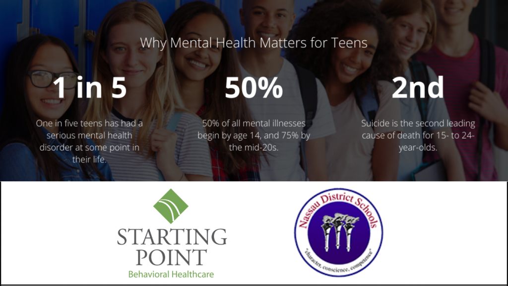 Teen Mental Health Facts, SPBH logo, and Nassau County School District Logo